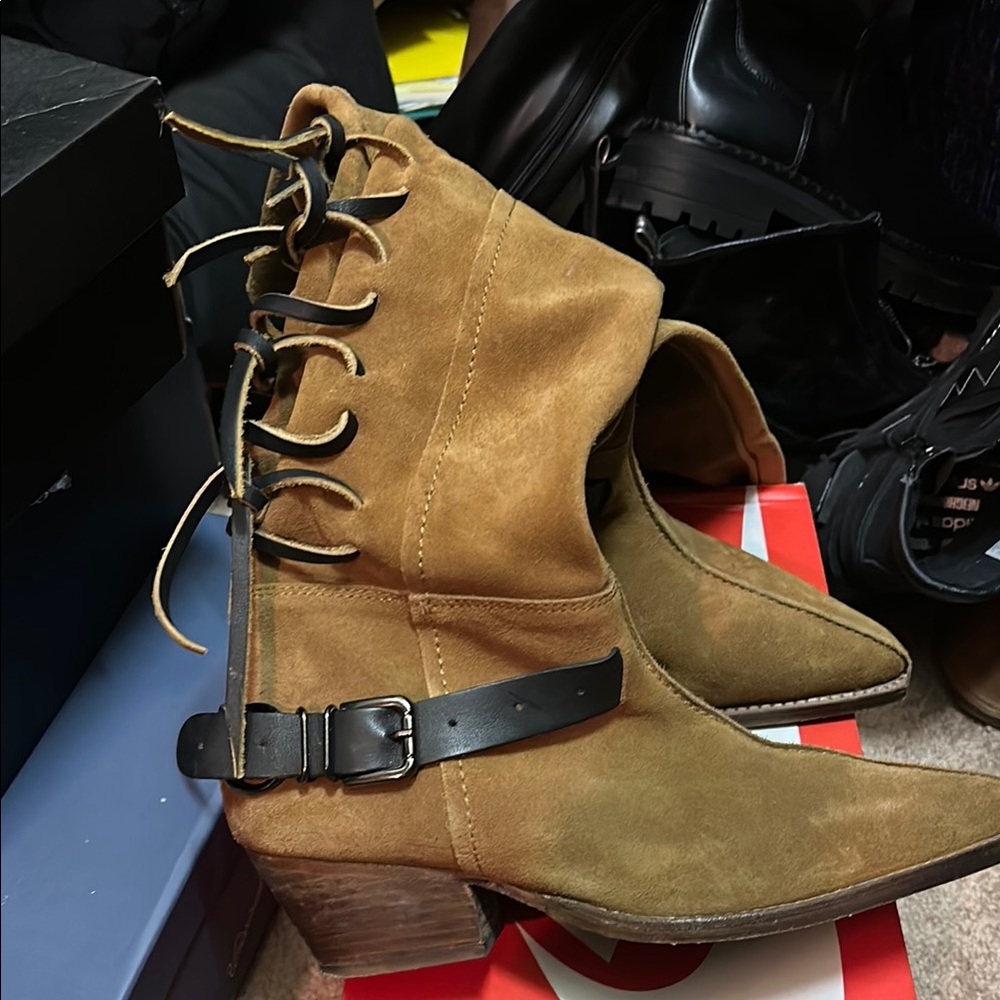 Free People Tan and Black Lace Up Boots with Western Flair